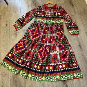Hand stitched patchwork pattern tribal printed tiered maxi dress size L